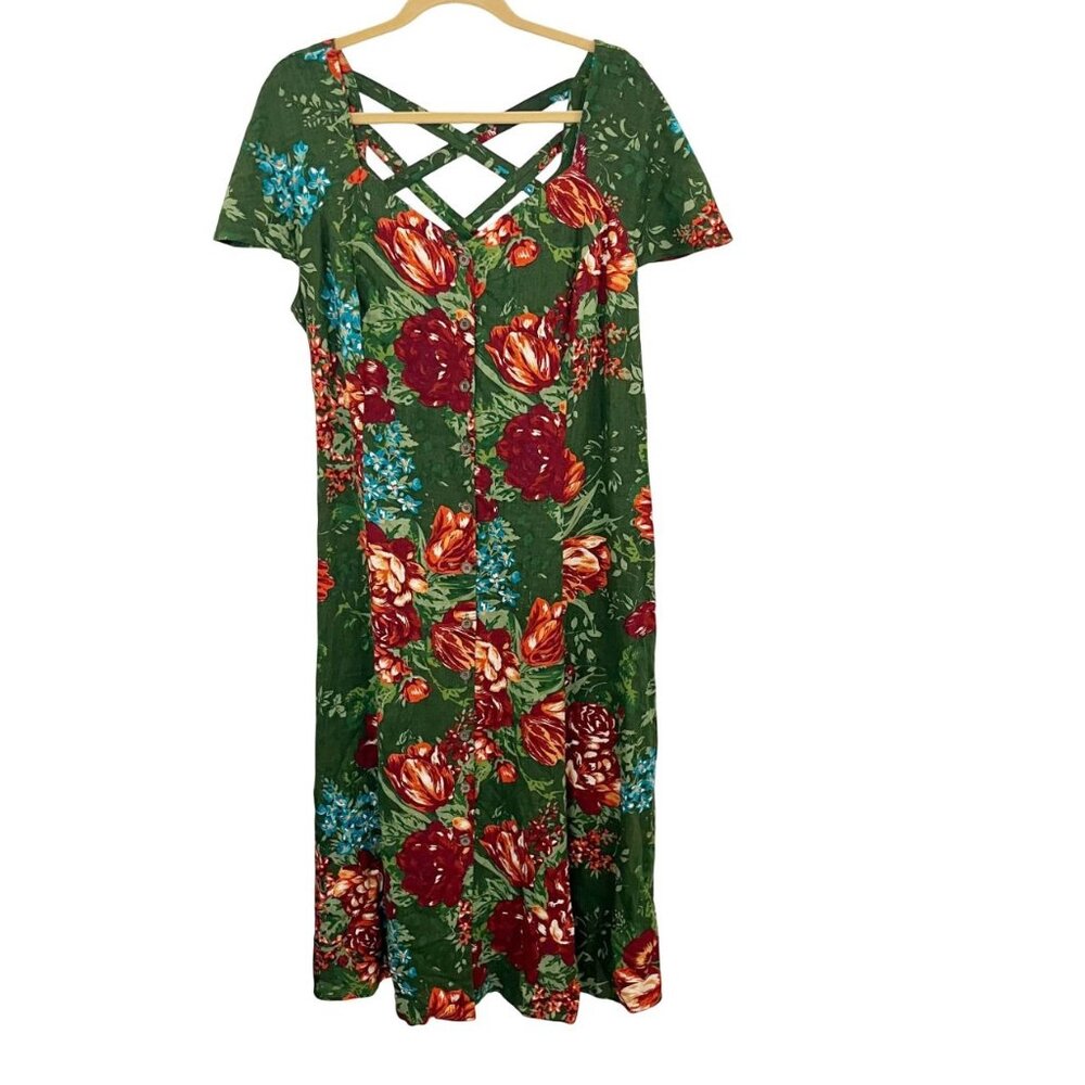 Romans Green & Red Multicolor Floral Linen Button Maxi Dress - Size 20W